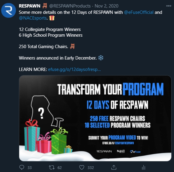 Collegiate and High School esports has always been a huge focus for us so we partnered with  @eFuseOfficial and  @NACEsports to give back to the programs that needed it most.