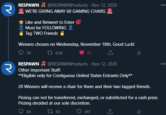After giving back to the collegiate and high school scene, we gave back to those within the RESPAWN community.Over 5K Retweets and 8K Likes as we gave away 60 Gaming Chairs.