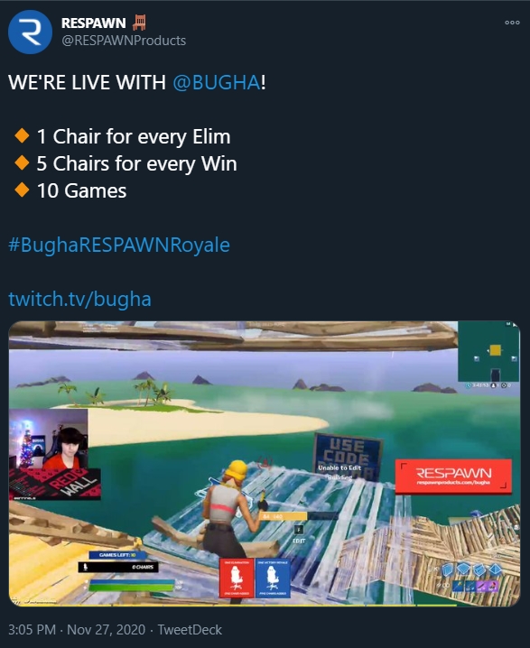 The biggest giveaway of all was when we partnered with Fortnite World Cup Winner,  @Bugha to give back to his community through two unique stream activations in which we gave away chairs for wins and eliminations in game.We were able to giveaway over 500 chairs together!