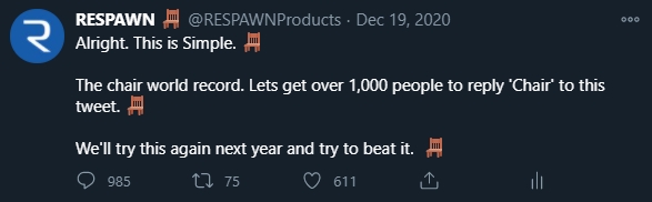 We finished off the year by aiming to get over 1,000 people to respond 'Chair' to our tweet. This will roll into one of our plans for 2021, tweeting 'chair' every single day of the year and tracking how many likes it gets.