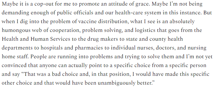 Yes, I want vaccinations as fast as humanly possible... but everyone wants that! And from what I can see there is no villain here who is wasting vaccines or trying to slow anything down.We've got a big logistics problem and we're all working on it.