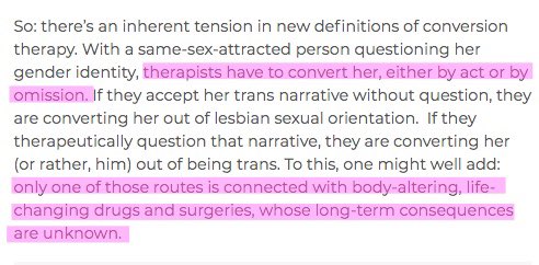 She explicitly argues for anti-trans conversion therapy. https://twitter.com/christapeterso/status/1170852768636006400?s=21