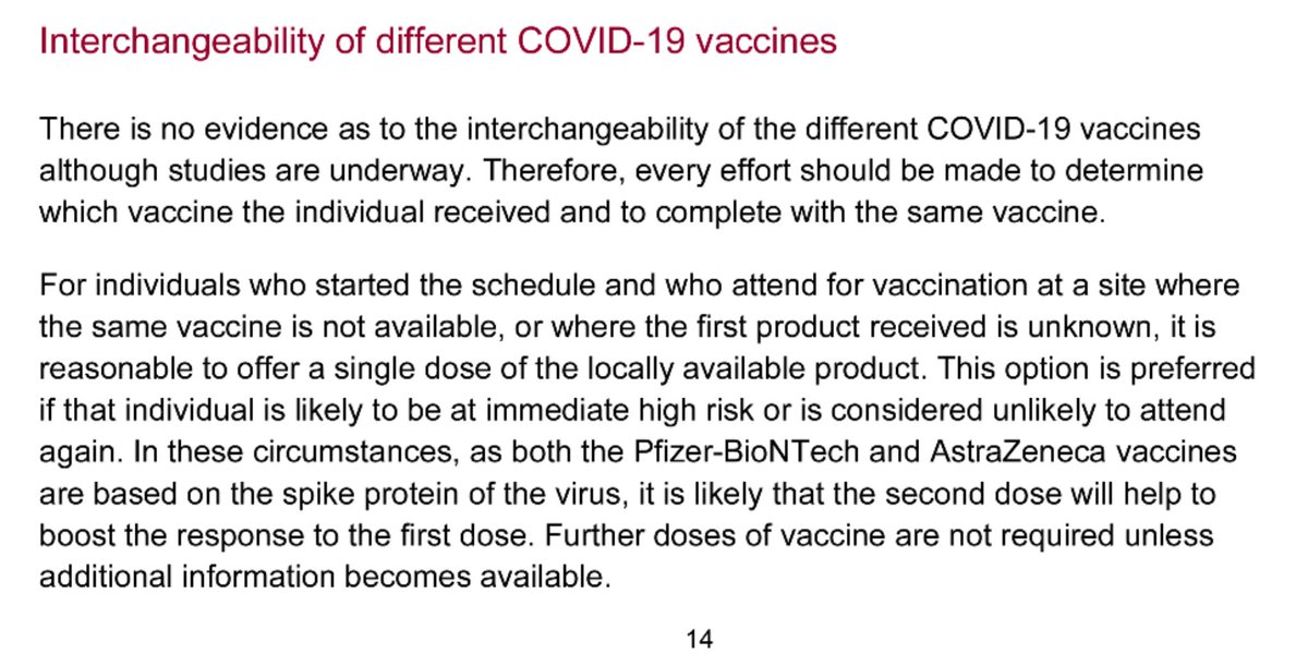 Hmm. Latest  @PHE_uk advice, published yesterday, despite there being *no evidence* on the  #interchangeability of different types of  #COVID19vaccine suggests it is "reasonable" to 'mix and match' them: https://assets.publishing.service.gov.uk/government/uploads/system/uploads/attachment_data/file/949063/COVID-19_vaccination_programme_guidance_for_healthcare_workers_December_2020_V3.pdf