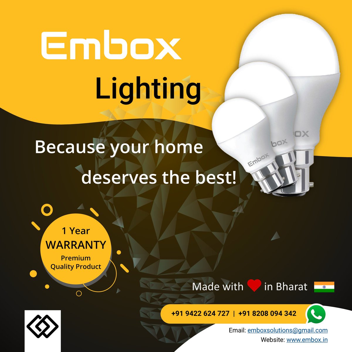 EmboxDotIn's tweet photo. We are proud to launch our new series of products 'LED Lighting'. Save Energy with our Super Bright, High Quality, Energy Saving, Environment-Friendly LED Bulbs.

Embox LED lighting
Because your Home Deserves the best...!
Made with ❤️ in Bharat
#LED #Light #launch #MadeInIndia https://t.co/YPJahVTQRd
