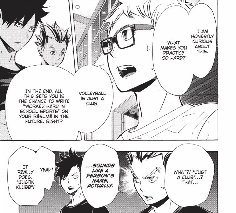At this point Bokuto ends up giving him probably the most important piece of insight thus far. I think this is what marks the first true change in Tsukki’s mindset, and from this point forward we see him actively try to improve and work on his weaknesses as a player.