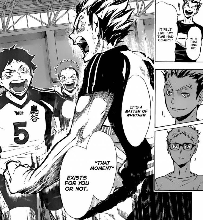 At this point Bokuto ends up giving him probably the most important piece of insight thus far. I think this is what marks the first true change in Tsukki’s mindset, and from this point forward we see him actively try to improve and work on his weaknesses as a player.