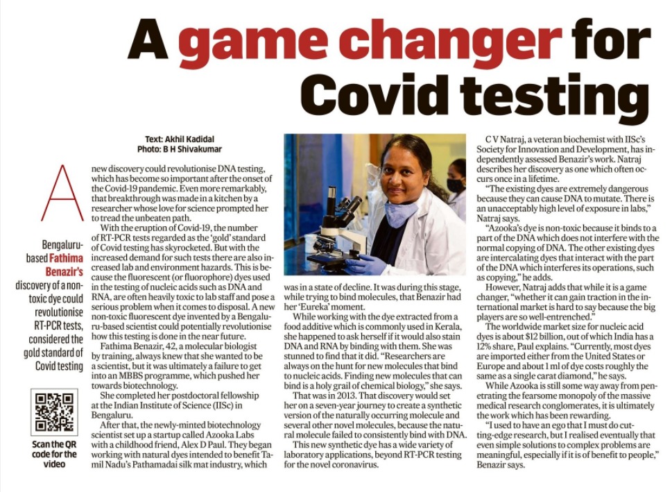 What a great way to start the New Year! Thank you <a href="/DeccanHerald/">Deccan Herald</a> for featuring our brilliant CSO and co-founder <a href="/DrbBenazir/">Fathima Benazir</a> and our products, as a part of #DHchangemakers #21in2021 

#COVID19 #covid19test #biotech #WomeninScience