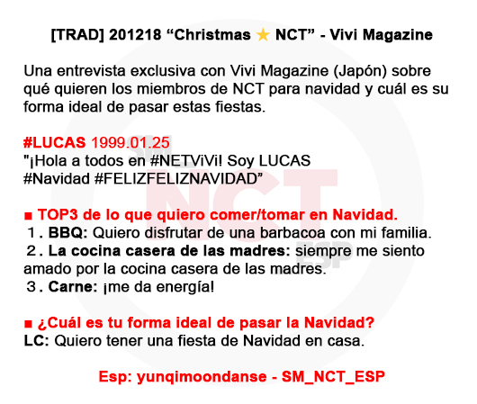 SM_NCT_ESP's tweet image. [TRAD] 201218  &quot;Christmas ★ NCT&quot; - Vivi Magazine
#LUCAS 1999.01.25

#NETViVi 
#BBQ 
#CocinaCaseraDeLasMadres
#FiestaDePijama 
#PasarTiempoEnCasa  
#HONGKONG       

Esp:  @yunqimoondanse - SM_NCT_ESP
vivi.tv/post167762