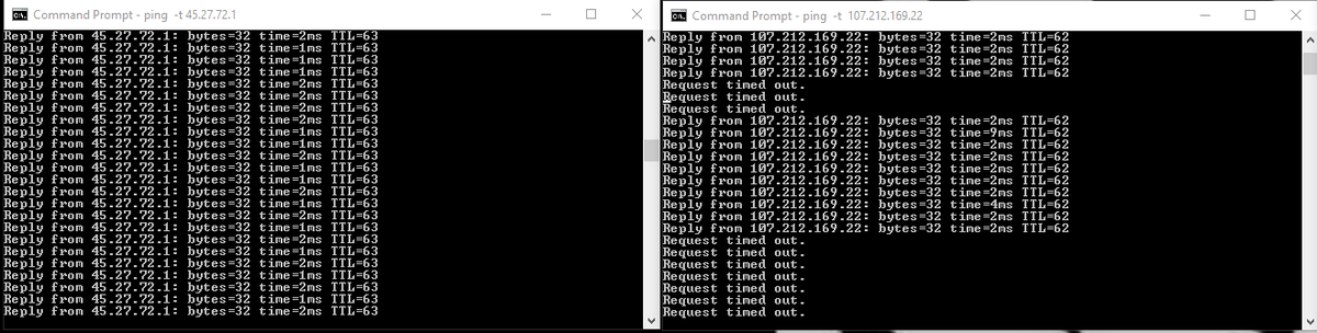 InmanMj's tweet photo. @GatorKolb Years of amateur systems administration and networking. The left is the first hop out to the internet (tucker), the right is the next hop (who knows where) and you can see it dropping data left and right https://t.co/MtKqJzIB7Z