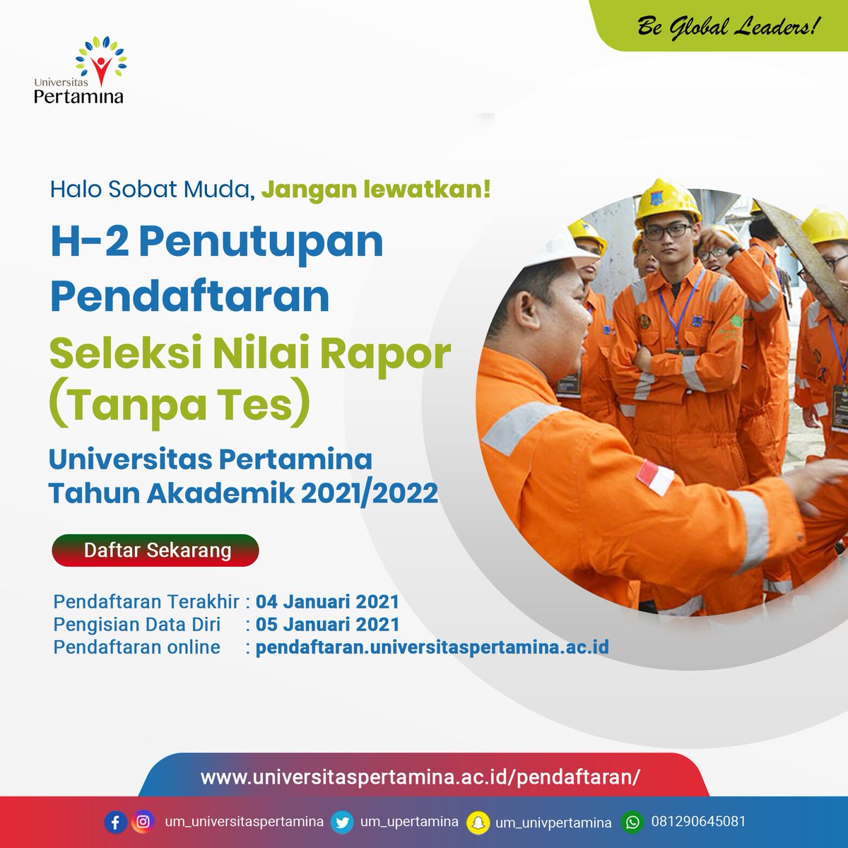 PMB_UPertamina's tweet photo. Halo sobat muda!

Jangan lewatkan! Kesempatan bergabung di Universitas Pertamina tanpa tes melalui Seleksi Nilai Rapor tinggal 2 hari lagi

Yuk daftarkan dirimu sekarang dan jadilah bagian dari kampus energi masa depan Indonesia

Be Global Leaders!
#UniversitasPertamina https://t.co/mYgOHftXe1