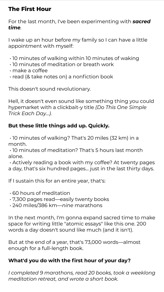 JoshFrets's tweet photo. I quit drinking...

...to make it easier to wake up at 5am.

Well, not really.

But being on the wagon *does* make it easier to find time for my new favorite indulgence: 

Sacred Time

👇 https://t.co/cieWgtXZEi