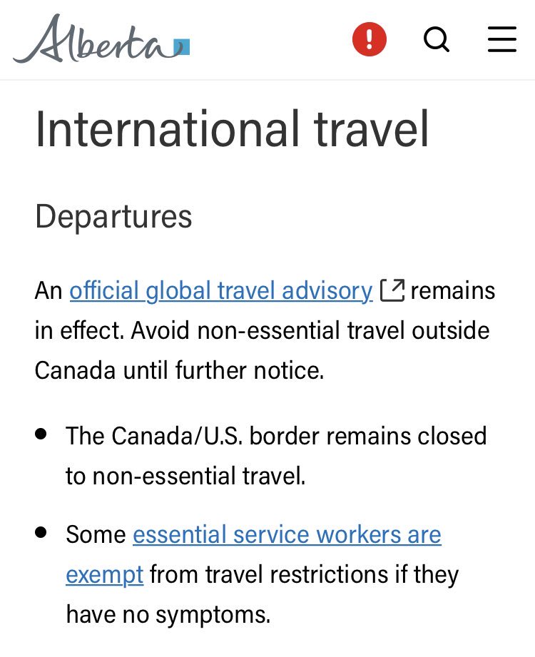 Are these restrictions for everyone?“International travelDeparturesAn official global travel advisory remains in effect. Avoid non-essential travel outside Canada until further notice.•The Canada/US border remains closed to non-essential travel”  https://www.alberta.ca/covid-19-travel-advice.aspx#toc-0