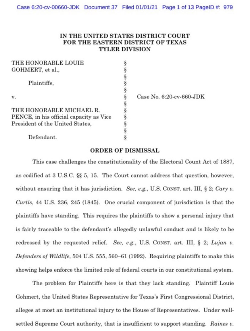 DavidBegnaud's tweet photo. BREAKING: Texas Republican congressman @replouiegohmert who sued to try and stop vice President pence from essentially making Joe Biden’s election official, on January 6, has just had his lawsuit DISMISSED. (H/t: @RMFifthCircuit) https://t.co/xjo2KR1zqo