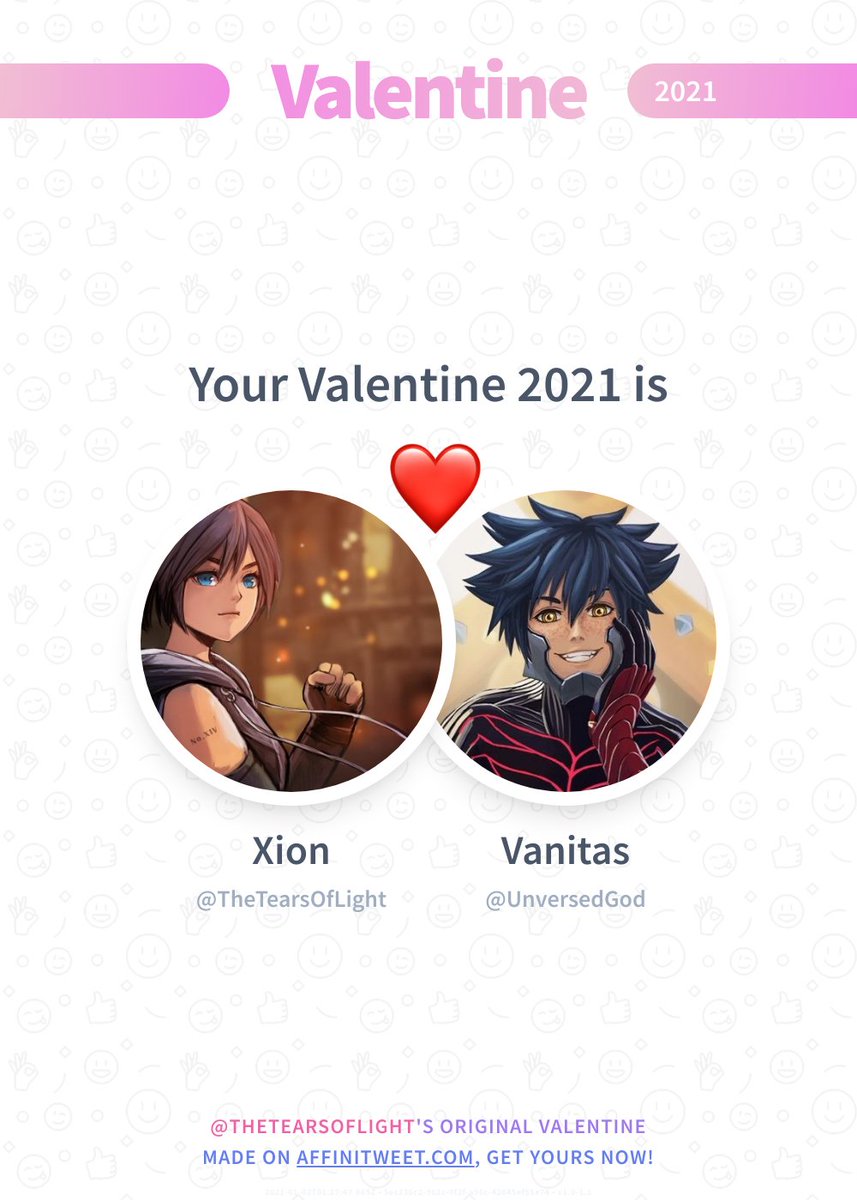 ✨ Valentine

This year you're mine UnversedGod! ❤️
And you, whom will be yours?

➡️ affinitweet.com/valentine