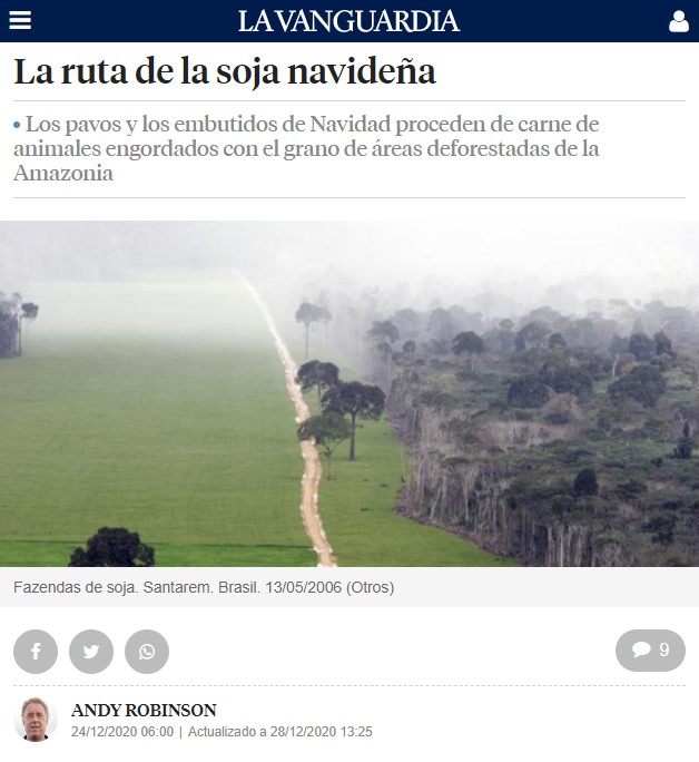 VueltaPorcino's tweet photo. Se calcula que España es responsable de emisiones 🏭 brasileñas de C02 por 323,5 millones de toneladas debido a la #deforestación.

Los cerdos que comemos estas fiestas comen la #soja que se está comiendo el #Planeta. 

#StopGanaderíaIndustrial #PlantBased https://t.co/n1TtftqMD4