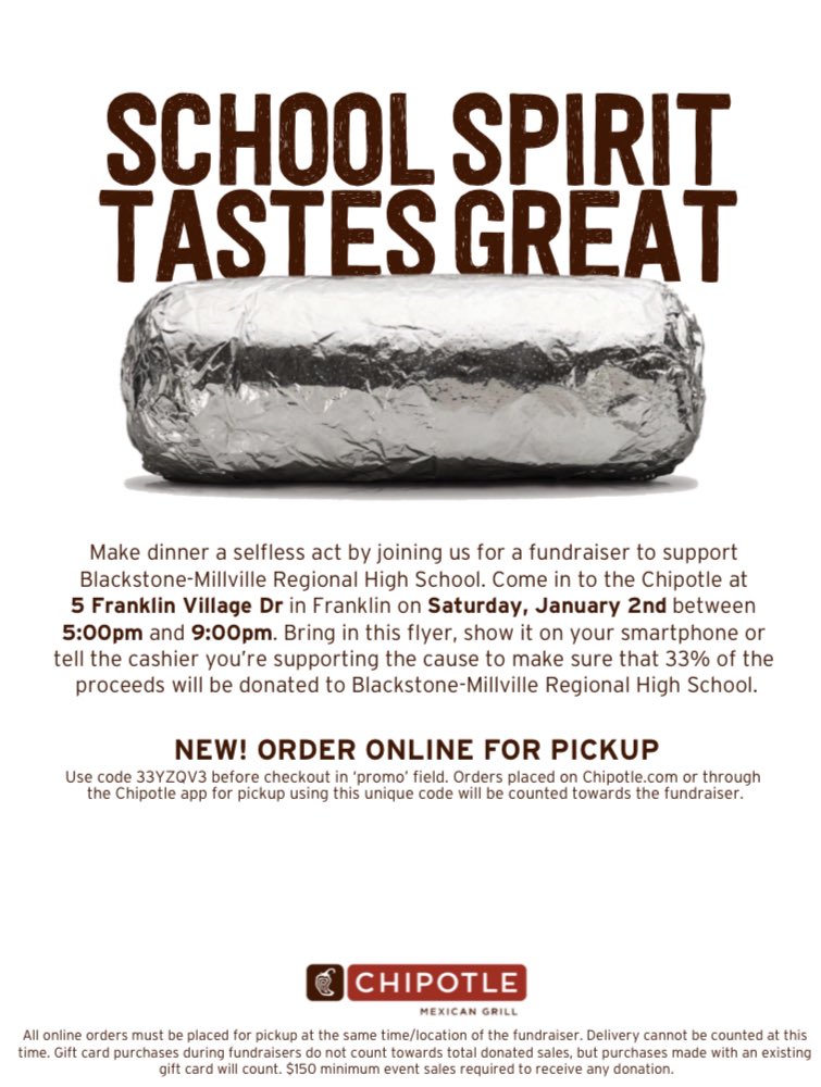 BmrClass's tweet photo. REMINDER: Tomorrow, January 2nd, the Class of 2023 is having a Chipotle fundraiser 5-9pm in Franklin! You can order online using the promo code 33YZQV3 on the flyer below. Make sure you show the flyer on your phone or tell your cashier that you are supporting our class! https://t.co/AeowPB8l10