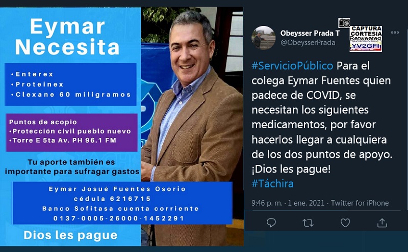 YV2GFI's tweet photo. ᵂⁱˡᶠʳᵉᵈᵒ🗞️¯\{`෴`}/¯📰  ObeysserPrada : #ServicioPúblico Para el colega Eymar Fuentes quien padece de COVID, se necesitan los siguientes medicamentos, por favor hacerlos llegar a cualquiera de los dos puntos de apoyo.
¡Dios les pague! #SanCristóbal #Táchira #Venezuela #RT https://t.co/eAPJlOvWMB