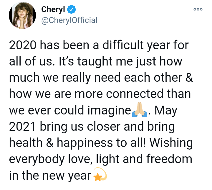 This 😍 Wishing you the best 2021 <a href="/CherylOfficial/">Cheryl</a>. We love you always!