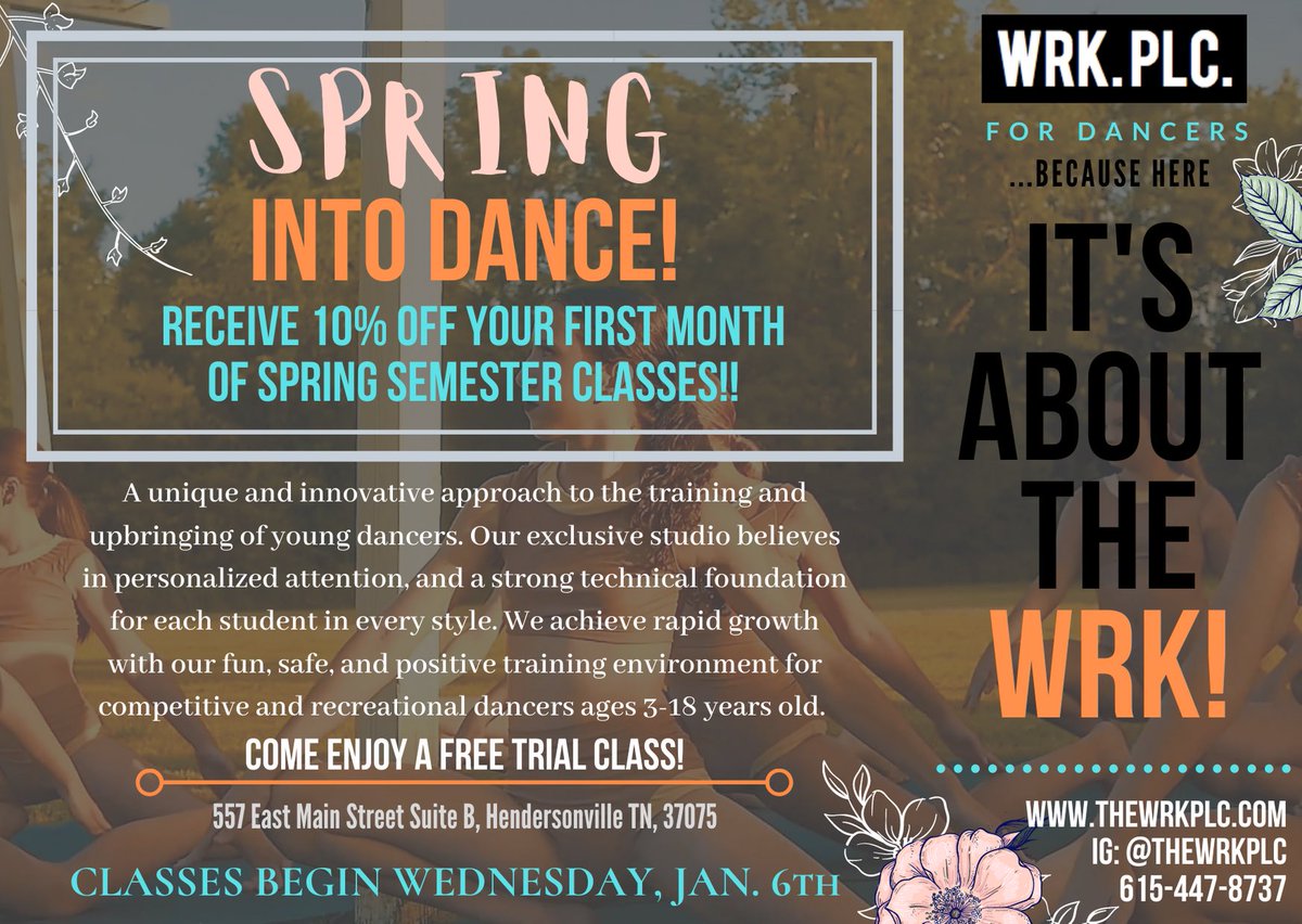 it’s about that time of year...for SPRING REGISTRATION !! 💥🙌🏼 receive 10% off your first month of spring semester classes when you register !! Email us at thewrkplc@gmail.com for more info 🧡 we would LOVE to WRK with you !!
•
•
#orangeandgray #alllllday #thewrkplc #wrk
