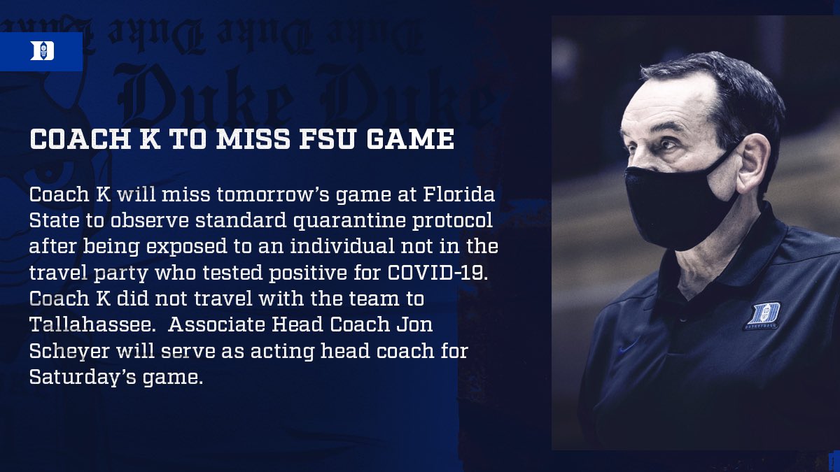 DukeMBB's tweet photo. NEWS: Coach K will miss tomorrow’s game at FSU https://t.co/lQeyRiQa92