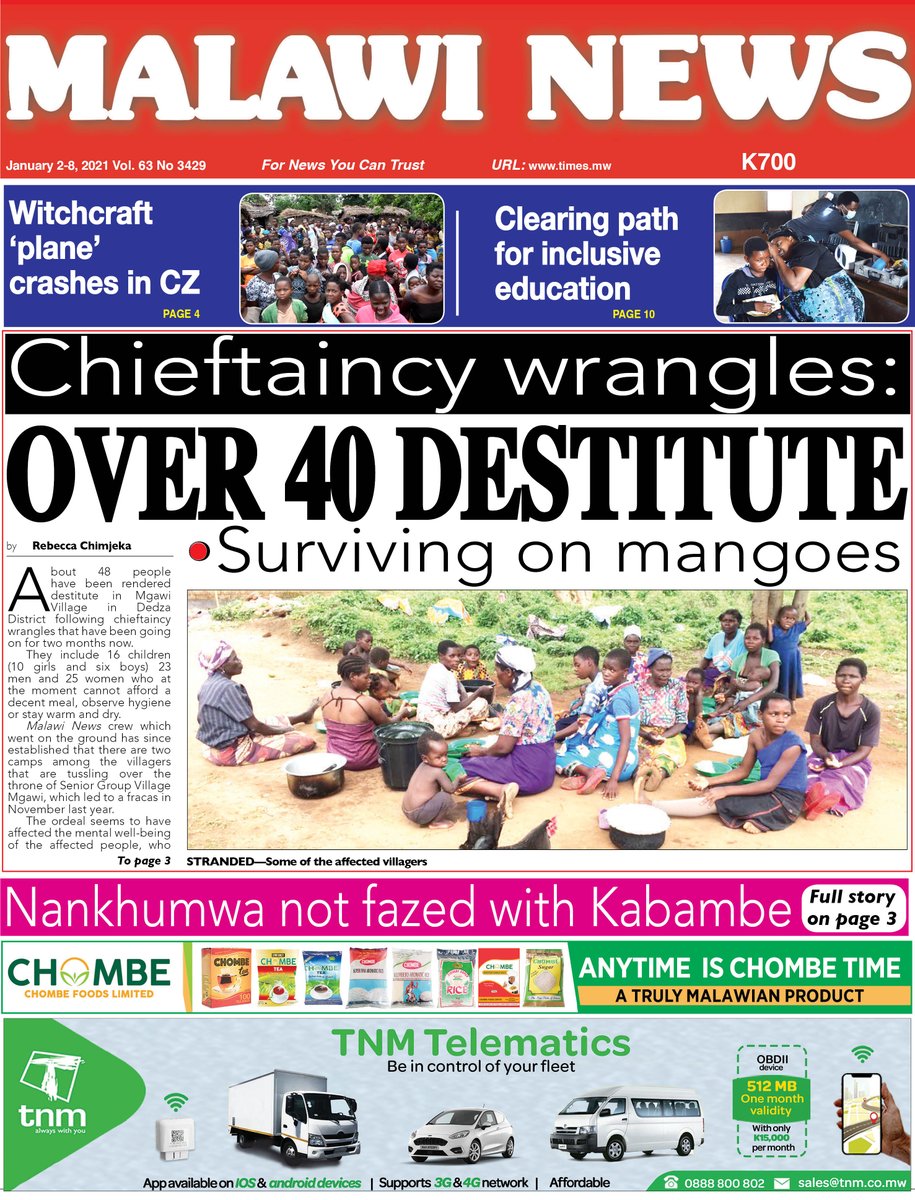 Times360Malawi's tweet photo. #MalawiNews front page: Chieftaincy wrangles: OVER 40 DESTITUTE … Nankhumwa not fazed with Kabambe https://t.co/VKhstUA5Fk