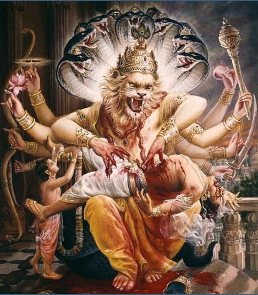 14. NarasimhaHe took the form of Narasimha to annihilate Hiranyakashipu and establish Dharmaचतुर्दशं नारसिंहं बिभ्रद्दैत्येन्द्रमूर्जितम् ।ददार करजैरूरावेरकां कटकृद्यथा ॥ १८ ॥15/