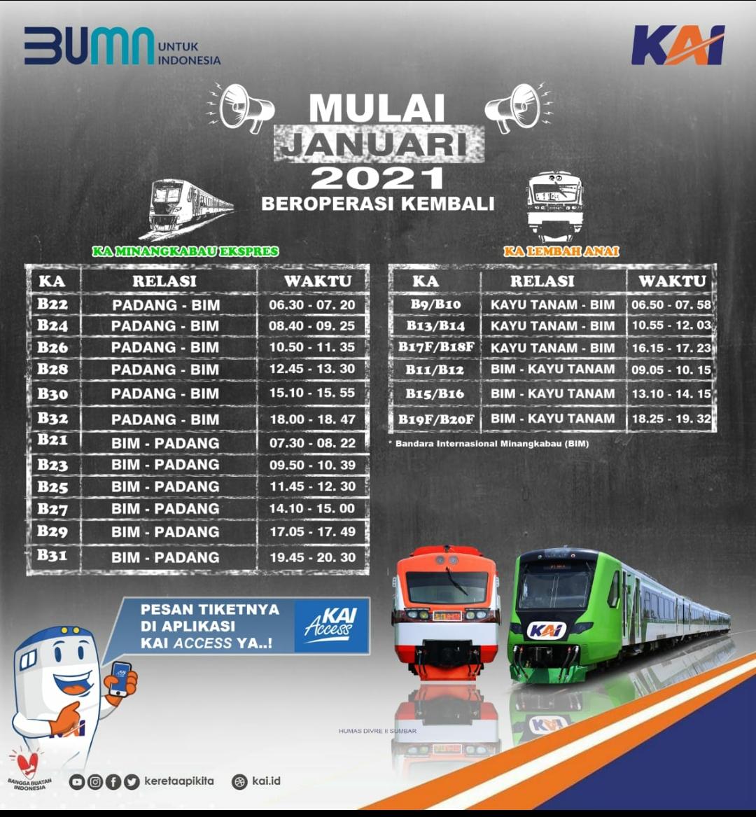Yuk naik kereta api lagi. Berikut jadwalnya untuk KA Minangkabau Ekspres dan KA Lembah Anai