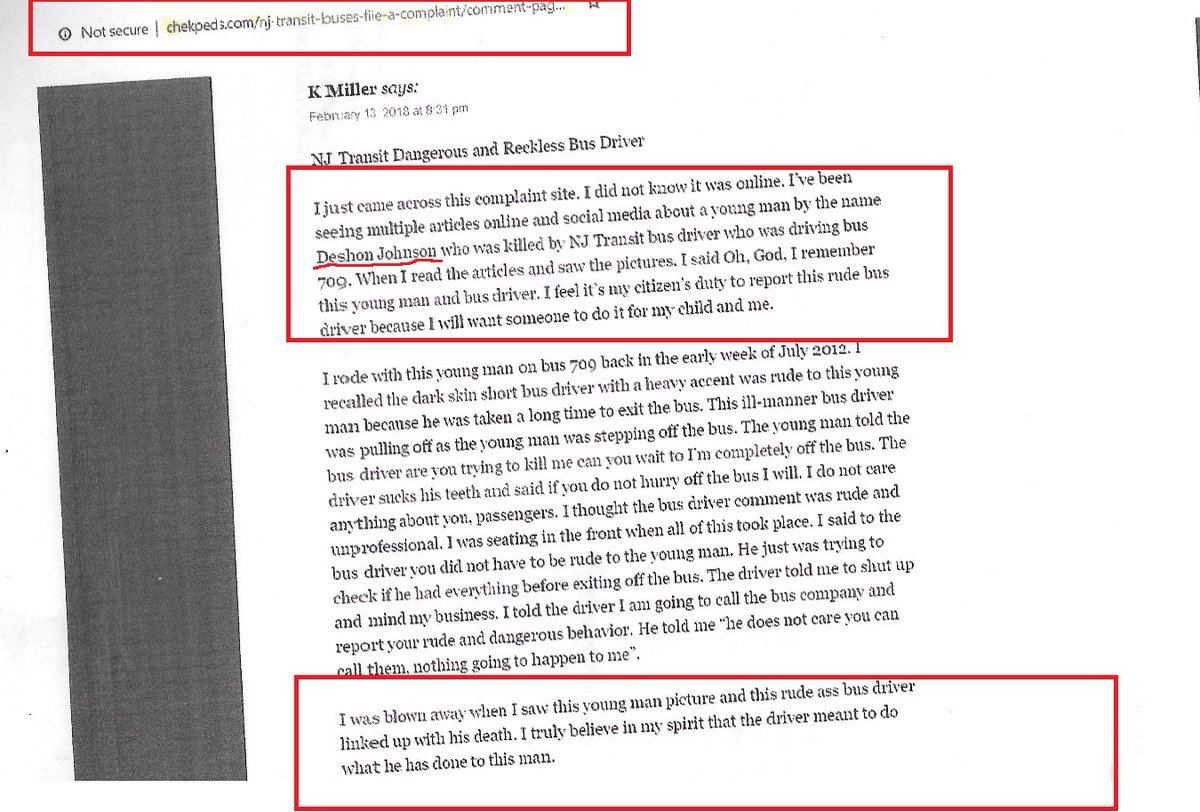 JusticeofDeshon's tweet photo. I found this on the #NJTransit/ #CoachUSA complaint site. 
Here is a witness statement about Coach USA bus driver Wilson Romain purposely killed my son Deshon. The #prosecutor and bus company cover up my son's death. Romain is still driving the bus. #SayHisName @NAACP #NewJersey https://t.co/ZRxWlOTMbL