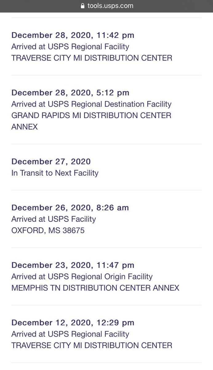JessicaEG's tweet photo. I’ll add mine- TN to MS to MI... sits in my city for 10ish days, then goes back to TN, then back to MI 🤨
#USPSdelays https://t.co/XADWLBgfiV