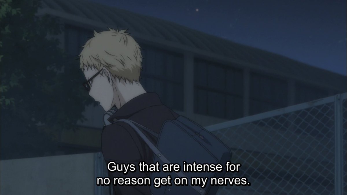 But underneath that exterior we see very early on that he becomes irritated by people like Hinata and Kageyama who are passionate about something that he thinks is not worth getting worked up over