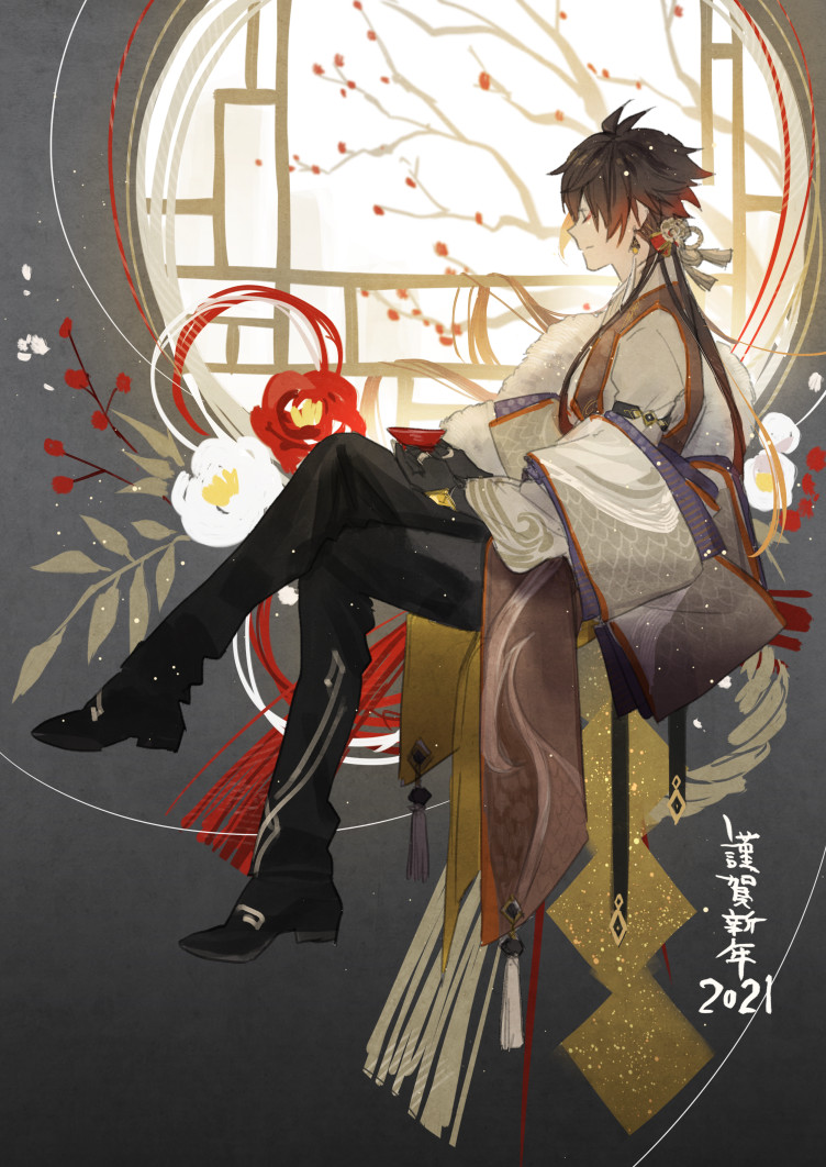 zhongli (genshin impact) 1boy male focus solo flower long hair brown hair long sleeves  illustration images