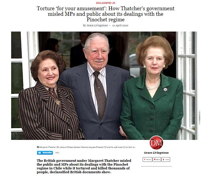 1981 - Thatcher govt begins big increase in arms deliveries to both Pinochet's murderous regime in Chile and the Argentinian military junta that invaded the Falklands the following year.  @declassifieduk  https://bit.ly/382ZADf&nbsp; /  https://bit.ly/3b1cnbm&nbsp;