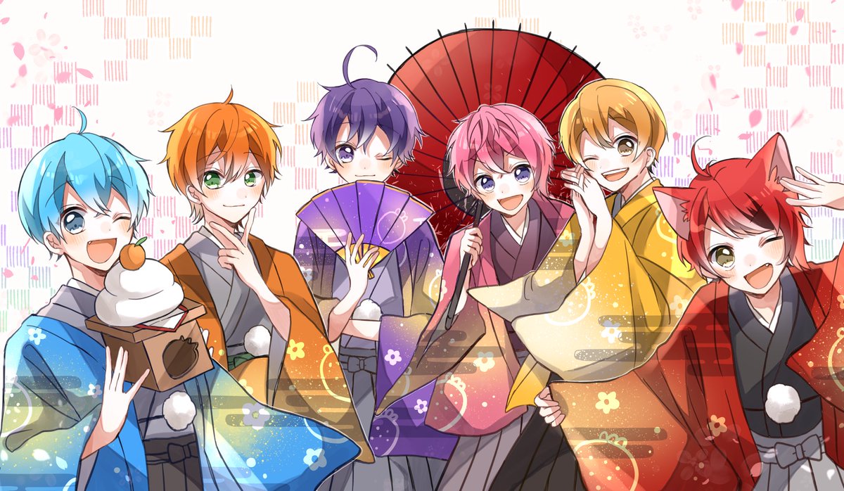 multiple boys one eye closed male focus japanese clothes red hair purple eyes blue hair  illustration images
