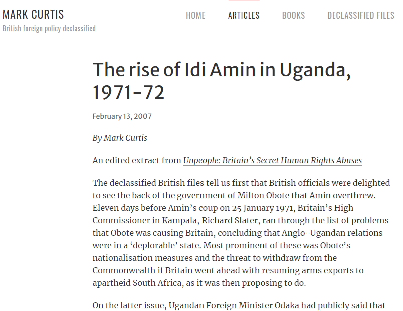 1971 - Heath govt strongly welcomes and backs Idi Amin coup in Uganda on 25 January 1971 - to protect UK commercial interests in the country. Amin regime goes on to kill hundreds of thousands.  https://bit.ly/3o7gshZ&nbsp;