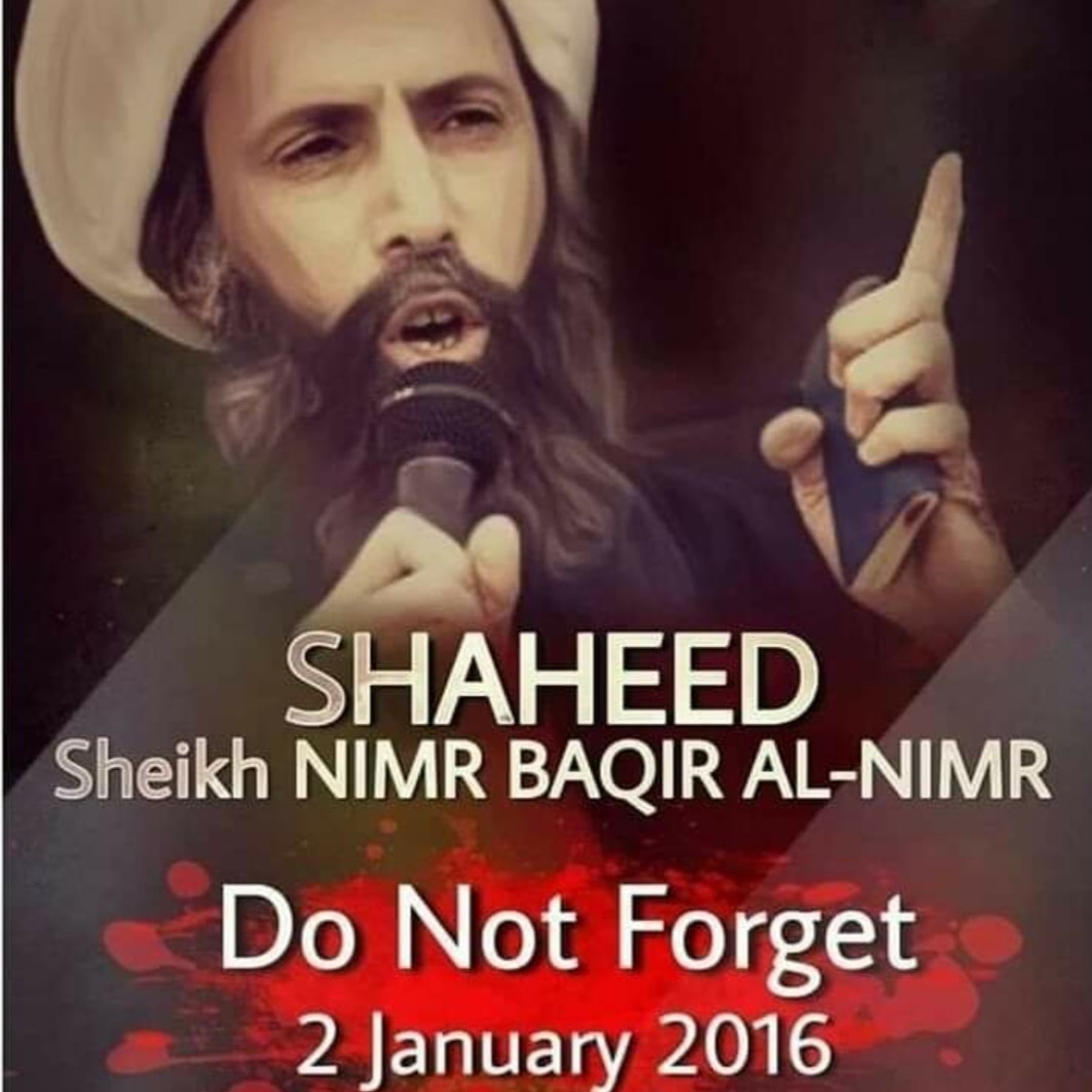 Şehit en Nemr'in Suudi Arabistan tarafından sadece Ehli Beyt dostu olduğu ve bu yolda hizmet ettiği için barbarca idam edildiği 2 Ocak 2016'yı asla unutmyacağız...Ruhun şad olsun ey Şehit🌹🌹🌹

#SheikhNimr 
#SHEIKNIMRELNIMR 
#شیخ_النمر