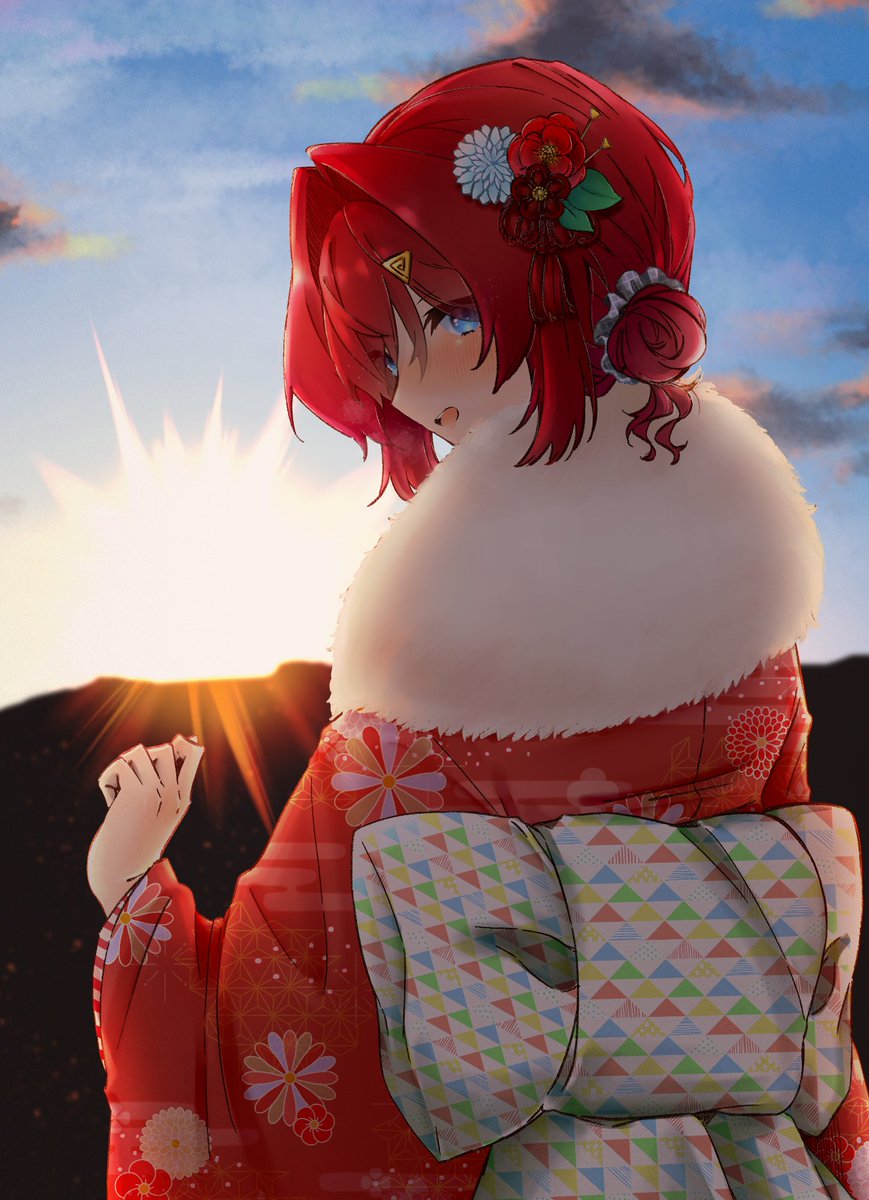 ange katrina 1girl japanese clothes kimono solo hair ornament blue eyes red hair  illustration images