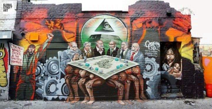 3. Here's an image of the full mural from Mear's Facebook page.You can see references to other antisemitic conspiracies involving the illuminati and freemasonry, ideas tied to The Protocols of the Elders of Zion. A man on the far left is protesting the "New World Order."