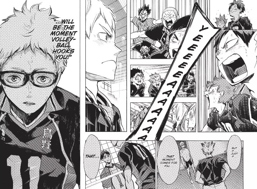 And it cumulates here (despite this being fairly early on in the match). Tsukki is actually able to stop Ushiwaka and realizes that it feels like to succeed at something after pouring blood, sweat and tears into it. One of my favourite moments in the series.