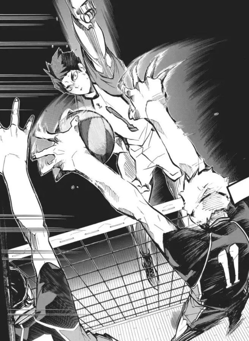 And it cumulates here (despite this being fairly early on in the match). Tsukki is actually able to stop Ushiwaka and realizes that it feels like to succeed at something after pouring blood, sweat and tears into it. One of my favourite moments in the series.