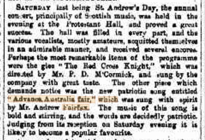 Here's the Sydney Morning Herald's account of its first performance on St. Andrews Day, 30 November 1878:  https://trove.nla.gov.au/newspaper/article/13425798