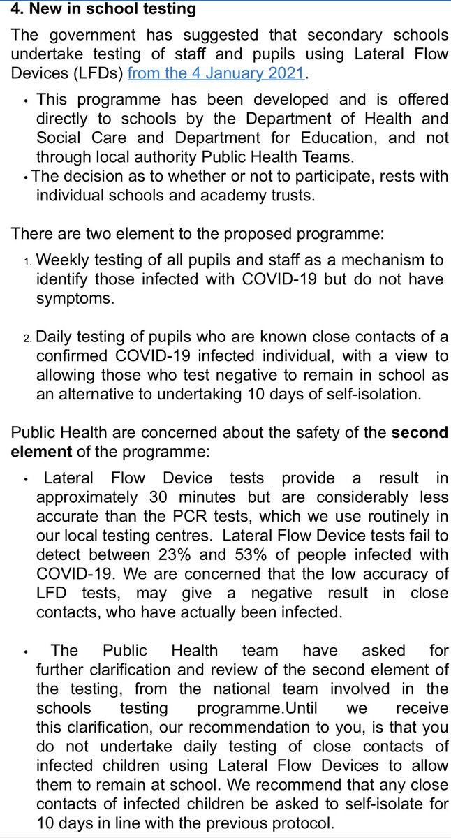 Important:  Thurrock Public Health recommend that schools SHOULD NOT take part in the element of lateral flow testing that is an alternative to isolation - until they get clarifications on safety.