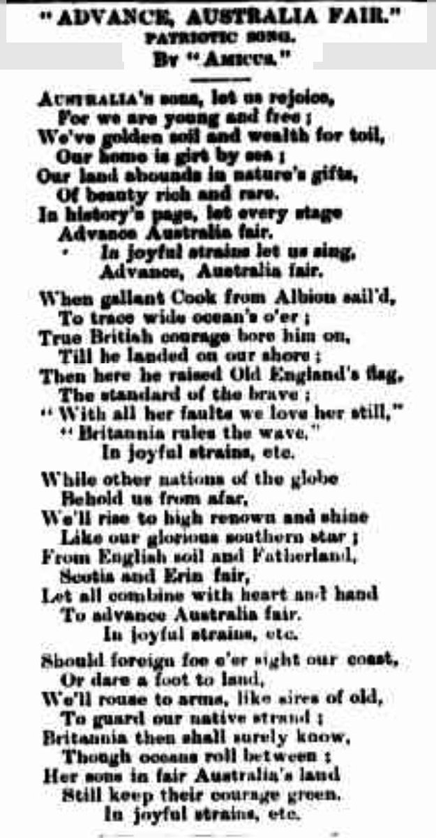 Read the original four-verse text of the song – with its lines about "English soil and fatherland" and promises to "rouse to arms" against "foreign foe" — and consider the race riots that were playing out in the same city when it was first performed. https://trove.nla.gov.au/newspaper/article/62087415