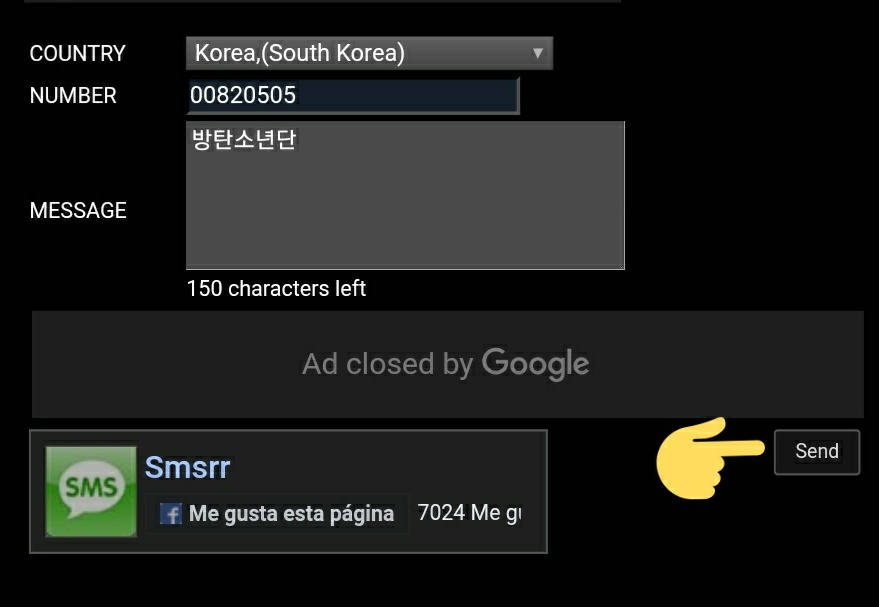 sugadboy's tweet image. ¿Cómo votar en vivo?
(NO votar aún, el programa empieza en 20 min, voy a avisar cuando abran las votaciones.)

Ingresar 
smsrr.com O impactsim.com/send-text/
Country: Korea (South)
Number: 00820505
Message: 방탄소년단
Send/Submit.

@BTS_twt Un voto por dispositivo.