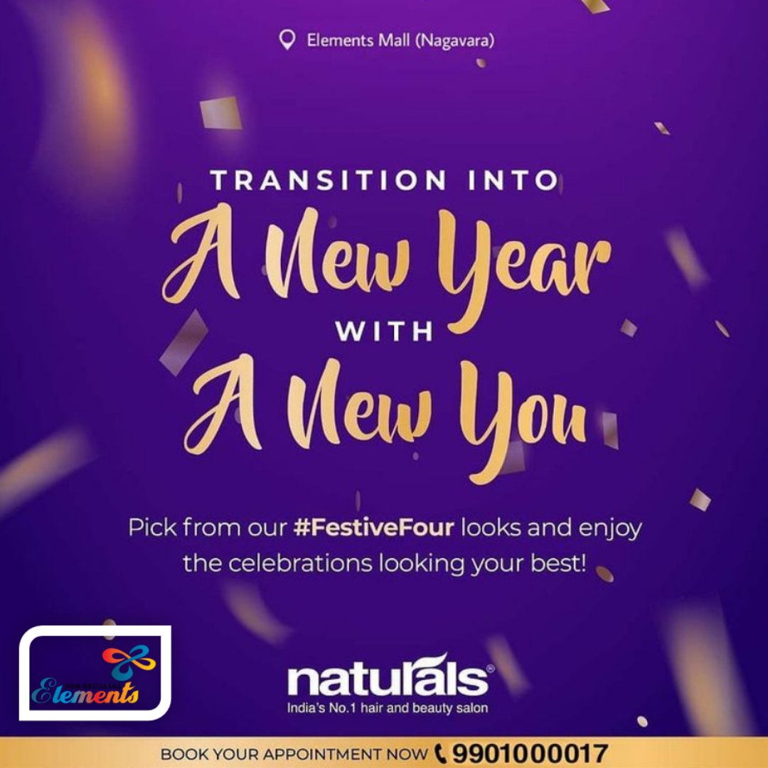Get transition into " NEW YEAR WITH NEW YOU", pick any festive four looks at Naturals Elements Mall & enjoy the celebrations looking your best!!!  #NewYear #NewYou #Newyearwithnewyou #Festivelooks #Celebrations #hairstyle #ElementsMall #Nagavara #Bangalore