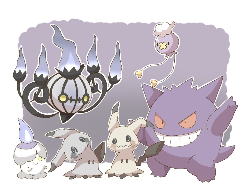 gengar ,mimikyu pokemon (creature) no humans smile grin yellow eyes fire purple fire  illustration images