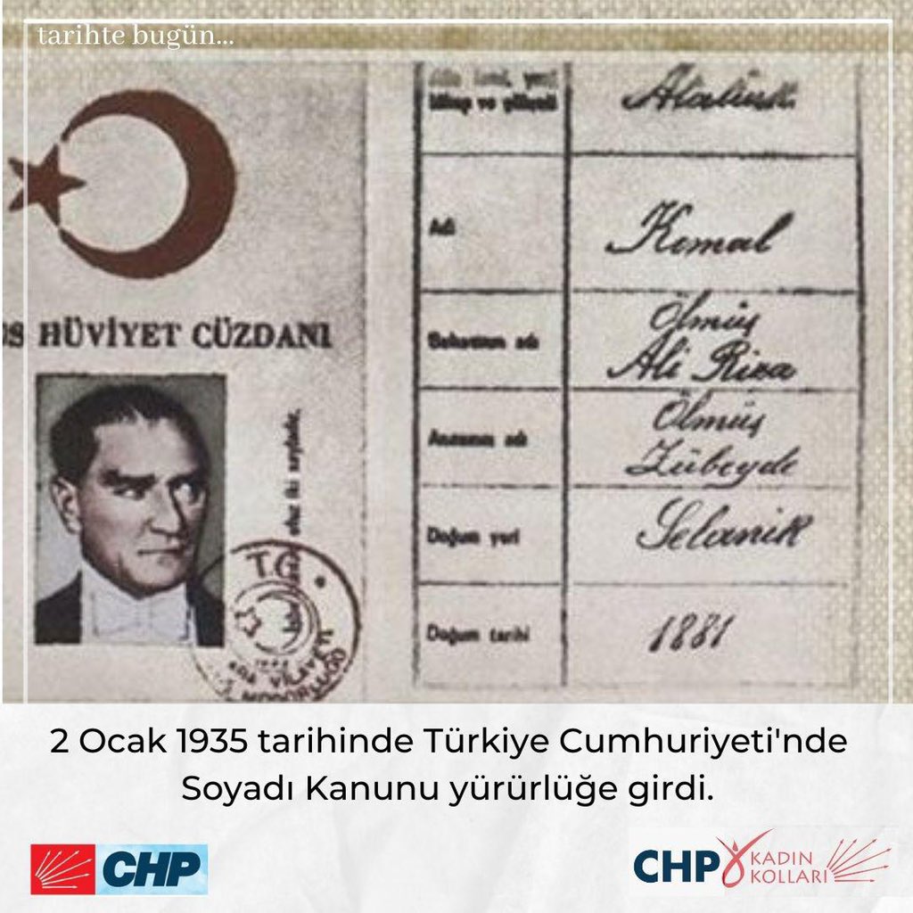 #SoyadıKanunu ile toplum içerisinde unvanlara bağlı ayrımcılık ortadan kalktı. Her bir adımda eşitliğin sağlandığı Atatürk devrimlerine bağlılıkla... Soyadı Kanunu'nun 86. yılı kutlu olsun!