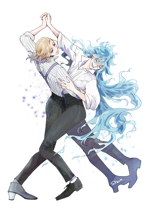 2boys dancing multiple boys male focus shirt long hair blue hair  illustration images