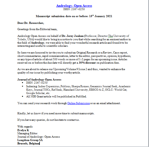 If interested, Kindly submit your research work through Online Submission ( bit.ly/3rIzU6K ) or as an email attachment ( andrology@emedicinejournals.com )