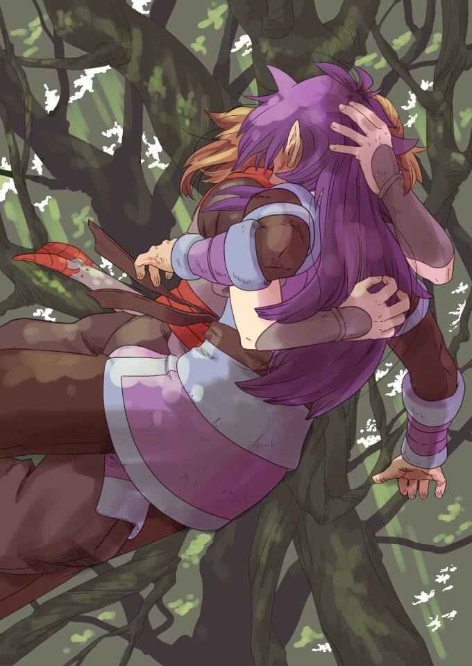 multiple boys 2boys purple hair pointy ears long hair tree hug  illustration images