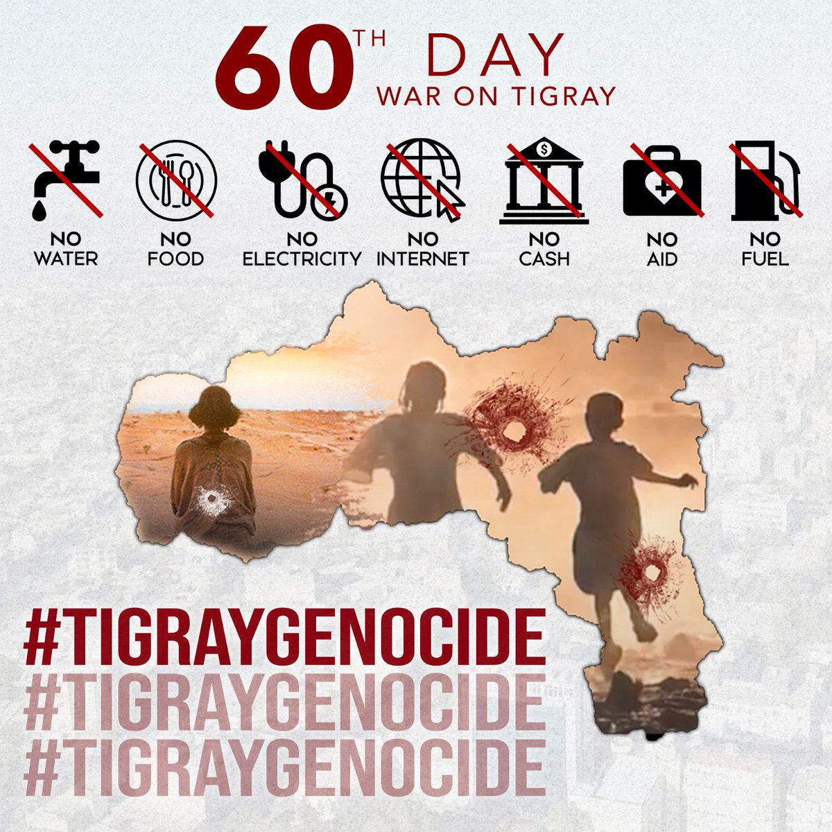 it’s been 60 days since @AbiyAhmedAli declared war on #Tigray. 55k Tigrians have fled their homes to seek refuge in Sudan because of his persecution of our people. Innocents are being SLAUGHTERED and humanitarian aid has been blocked from entering the region #TigrayGenocide